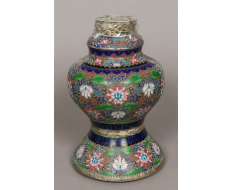 A Chinese silver plated and champleve enamelled lamp base, of baluster form, decorated with lotus strapwork with multiple wic
