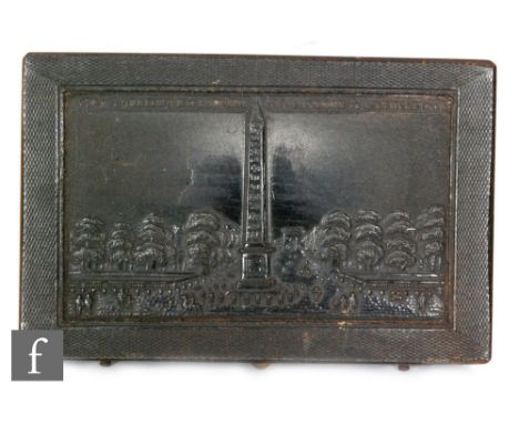 A French musical snuff box playing two airs, 6.5cm cylinder with tune card, the inset cover with cleopatras needle in a tree 