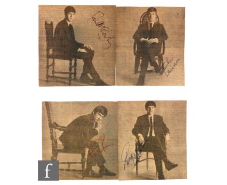 Four Beatles signatures, each of the four black and white newspaper cuttings depicting John, Paul, Ringo and George seated on