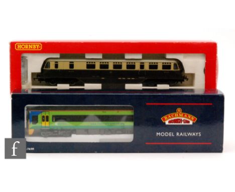 An OO gauge Bachmann 31-516 158 2 car DMU in Central Trains livery, together with a Hornby DCC Ready R2524 GWR Diesel Railcar