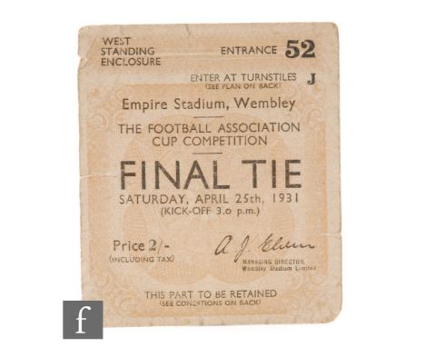 A 1931 West Bromwich Albion vs Birmingham cup final ticket for the West standing enclosure at Wembley stadium, price two shil