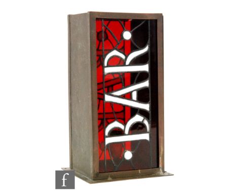 A rectangular copper bar lantern with Bar picked out in white glass to a red leaded glass ground, all encompassing internal l