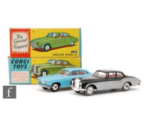 Two Corgi Toys diecast model cars, #238 Jaguar Mark X in light blue with red interior, spun hubs and one piece of luggage, to