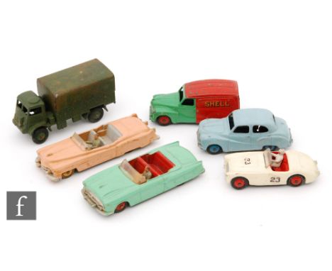 Six Dinky Toys diecast model cars, a #132 Packard Convertible in green with red interior and hubs, a #109 Austin Healey 100 S