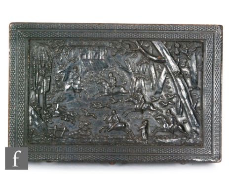 A French musical snuff box playing two airs, 6.5cm cylinder in ebonite case with a hunting scene beneath a castle titled Chas