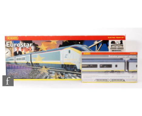 An OO gauge Hornby R1013 Eurostar train set, comprising Eurostar Class 323 power car with simulated pantograph, dummy car and