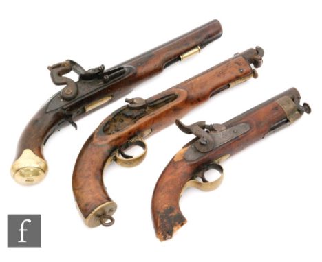 An 18th Century Light Dragoon flintlock pistol, tower and GR stamp to lock plate, brass stock, 23cm barrel, an East India Com