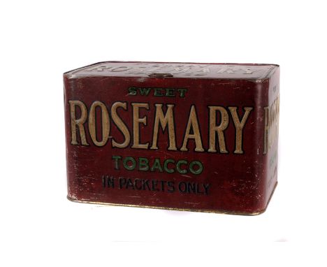A vintage Faulkner's Sweet Rosemary Tobacco Shop tin, in red with hinged lid, marked to all sides and top 