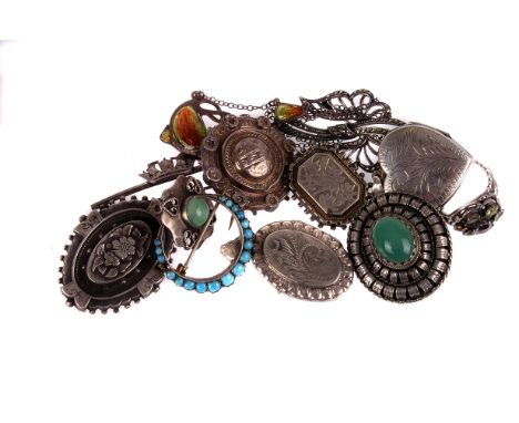 A collection of silver jewellery,  including a 19th century turquoise set crescent brooch, an Art Nouveau enamel drop pendant