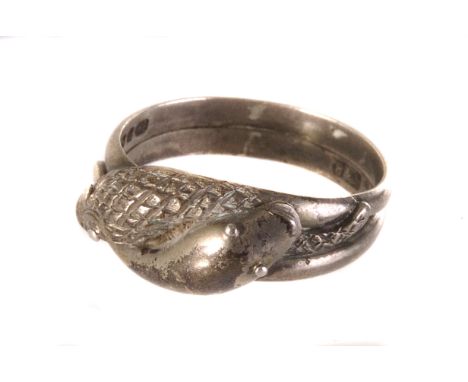 A Victorian silver gentleman's serpent signet ring, with two intertwined snakes, one textured, and biting each others tails, 