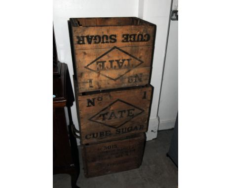 A pair of vintage Tate No.1 cube sugar boxes, marked Henry Tate &amp; Son Limited to the side, plus another crate (3)