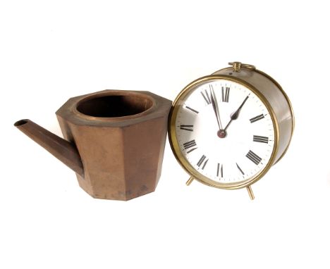A brass drum mounted mantle clock, together with a pair of brass candlesticks and other metal ware items (parcel) 