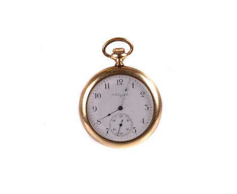 A late 19th century Elgin gold open faced pocket watch, the signed white enamel dial with black Arabic numerals, fine blued s