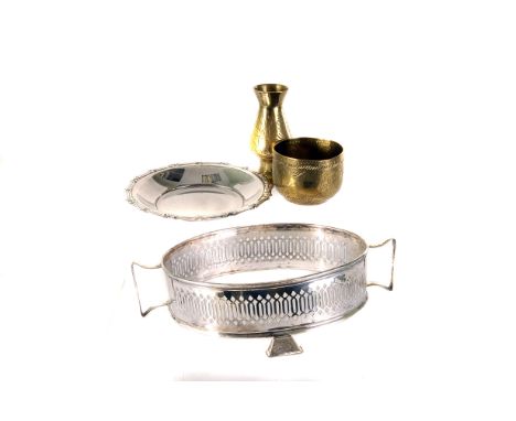 A collection of silver, silver plate and other metal ware, including a silver napkin ring, a silver golf teaspoon, a white me