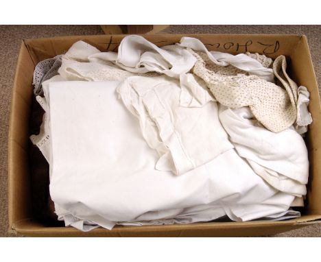 A quantity of antique and vintage linen and lace work garments, including underwear, stockings, night shirts, bonnets, and mo