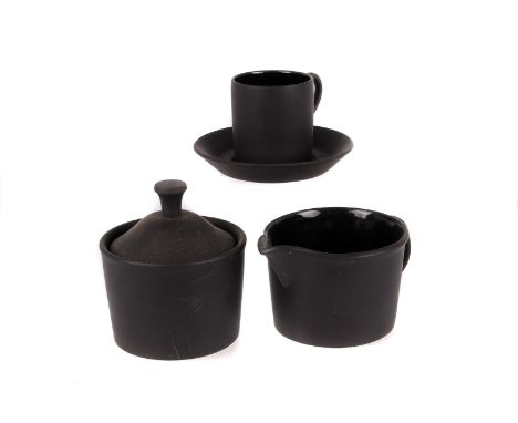 A Wedgwood black basalt six setting coffee service, comprising cups and saucers, coffee pot, cream jug, a sugar pot (parcel) 