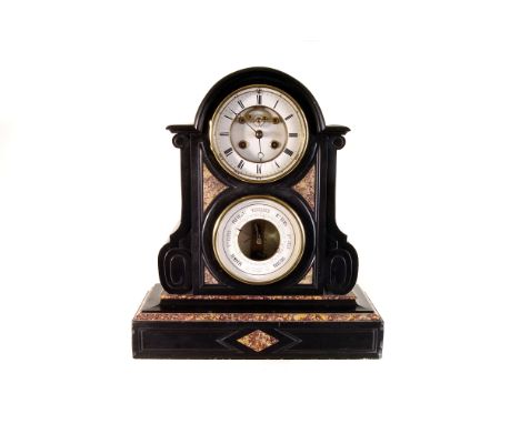A black slate French mantle clock, with external escapement, and metallic barometer mounted below 38cm H Cracks to the dial