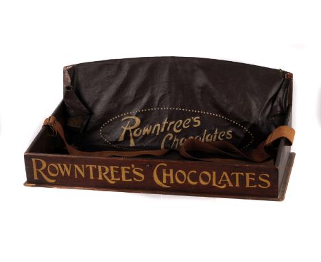 A vintage Rowntree's Chocolates Cinema or Theatre Usher's tray, the wooden display box with painted front having carry strap 