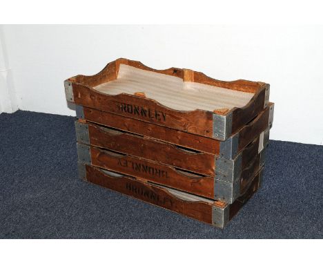 A set of five vintage pine soap boxes from Bronnley, the long shallow trays with aluminium corners having black stencilled BR