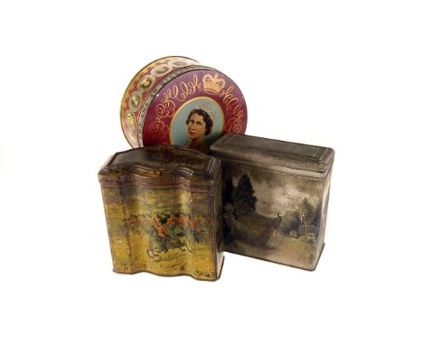 A group of vintage biscuit tins,  including a Huntley & Palmer's example illustrated with the Royal Artillery, together with 
