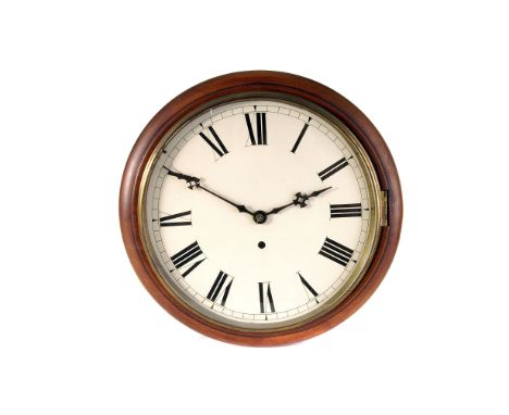 A circular mahogany wall clock, the cream coloured dial with Roman numerals, the second, similar, with fusee movement (2) 