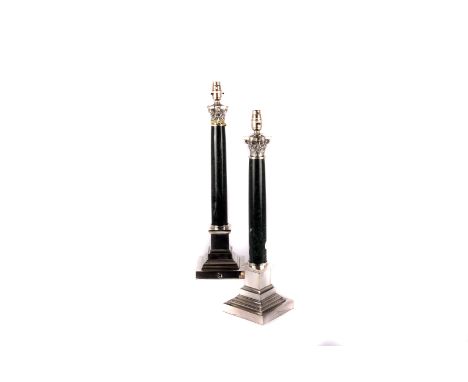 A pair of Corinthian column green marble and silver plate lamp stands,  to square tiered bases, 57cm high 
