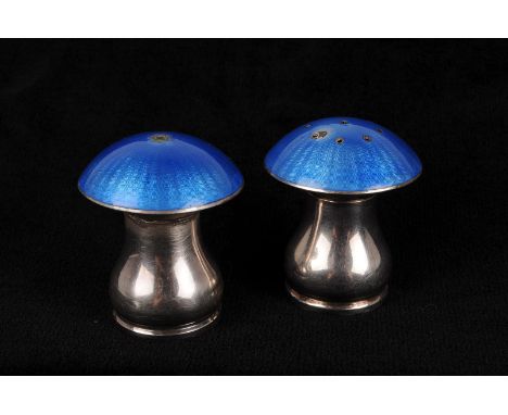 A pair of mid 20th century Danish silver and enamelled novelty cruets by Egon Lauridsen, modelled as a pair of mushrooms, hav