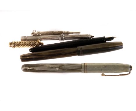 A S. Morden & Co gold plated magic pencil, together with an S. Morden white metal slide pencil, a fob pencil and three founta