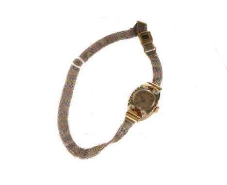 An Art Deco gold and enamel lady's wristwatch,  the polychrome cloisonné case with gilt dial and black detail, 17 jewel Swiss