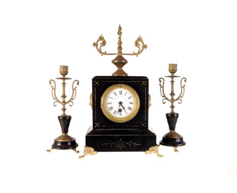 A French gilt and slate mantle clock by H. Riondet,  with matching garniture (3) 