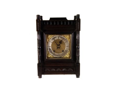 A large Aesthetics period German ebonised mantle clock,  with silvered chapter ring and brass cherub design dial, movement ma