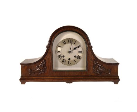 An American walnut drop-dial wall clock,  together with an oak Napoleon-hat type mantle clock, AF, (2) 