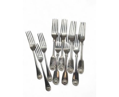 Six Victorian Scottish silver fiddle and shell pattern table forks, James McKay, Edinburgh 1845 and 1857, and a George IV fid