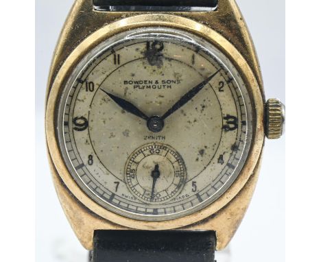 9ct gold cased Zenith watch, the signed dial with Arabic numerals and subsidiary seconds at 6 o'clock, marked with retailers 