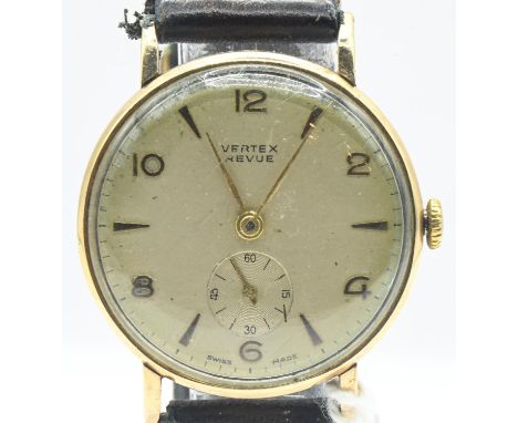 9ct gold cased Vertex Revue watch, the silvered dial with Arabic and baton numerals with subsidiary seconds at 6 o'clock, 17 