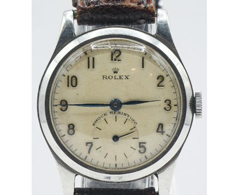 Rolex Shock Resisting stainless steel cased watch, circa 1940s, the signed champagne dial with applied Arabic numerals and, o