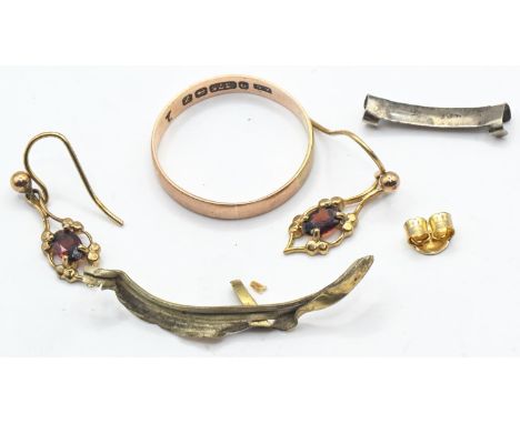 2.09 grams of 9ct gold, including a band ring, size N1/2; pair of gem-set earrings; and scrap, together with 0.70 grams of sc