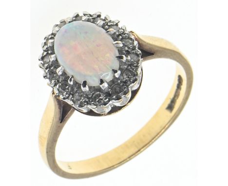 9ct gold, opal and diamond cluster ring, Birmingham hallmarks, size M1/2, 2.85 grams