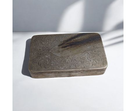 Dutch 833-grade silver rectangular table snuff box, with bright-cut decoration, 11 x 7 x 2cm, 158.9 gramsLarge tarnish/blacke