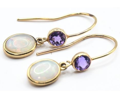 Pair of 14ct gold, opal and amethyst earrings, stamped 14K, length 24mm, gross weight 1.26 gram