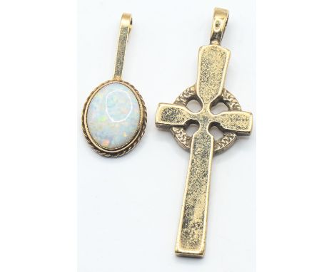 Two 9ct gold pendants, one designed as a Celtic cross and the other set with an opal, cross pendant hallmarked, opal pendant 
