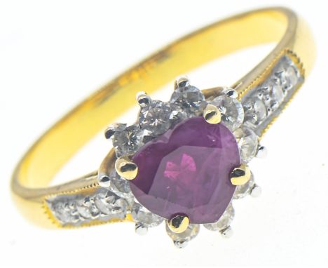 9ct gold, heart-shaped ruby and diamond cluster ring, stamped 9CT, size M1/2, gross weight 3 grams