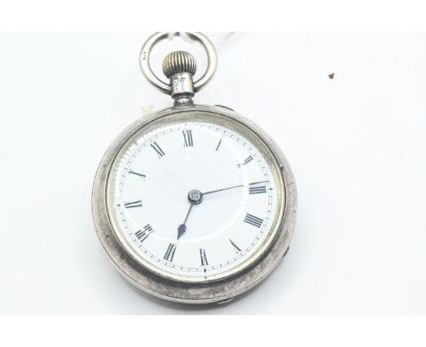 Late Victorian ladies silver cased keyless wind open faced fob watch, the white enamel dial with Roman numerals, case hallmar