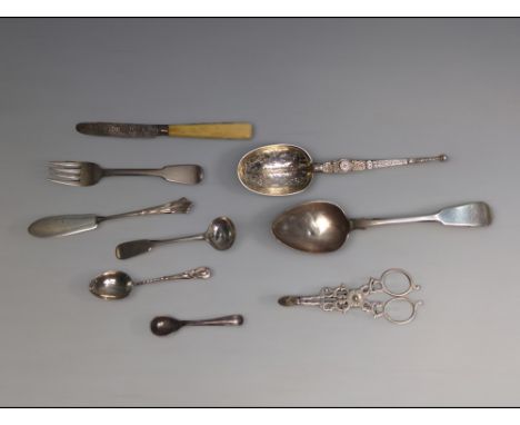 Nine pieces silver flatware, various makers and dates, including a Wakely &amp; Wheeler London 1909 anointing spoon, pair of 
