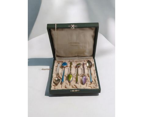 Cased set of six Norwegian silver gilt and enamel demi-tasse spoons, each with six varied coloured enamel reverse of bowls an