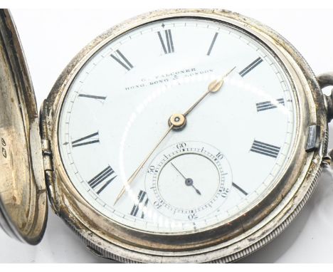 Victorian G Falconer & Co. silver cased full hunter pocket watch, the signed white enamel dial with Roman numerals and subsid