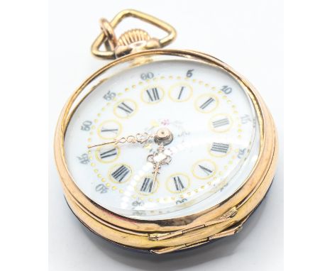 Ladies 18ct gold, enamel, diamond, sapphire and red stone fob watch, the white enamel dial with Roman numerals and Arabic num