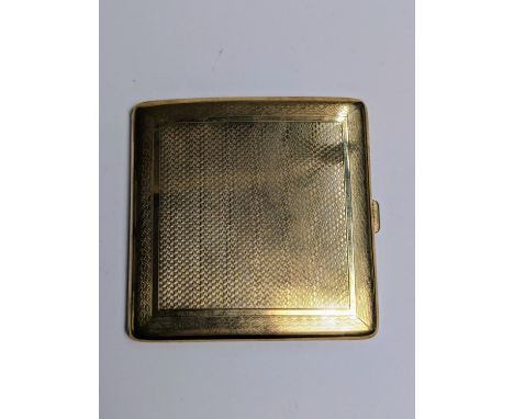 George V 9ct gold cigarette case, Birmingham 1925, of square form with engine turned decoration to each side, with internal e