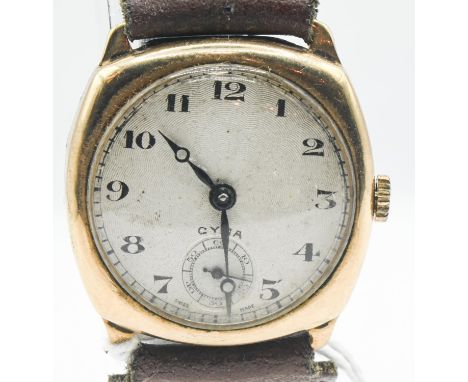 9ct gold cased Cyma watch, the engine-turned silvered dial with Arabic numerals and subsidiary seconds at 6 o'clock, 15 jewel