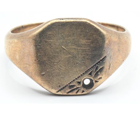 12ct gold signet ring, stamped 12K 500, size R, 6.4 grams, accent stone deficient